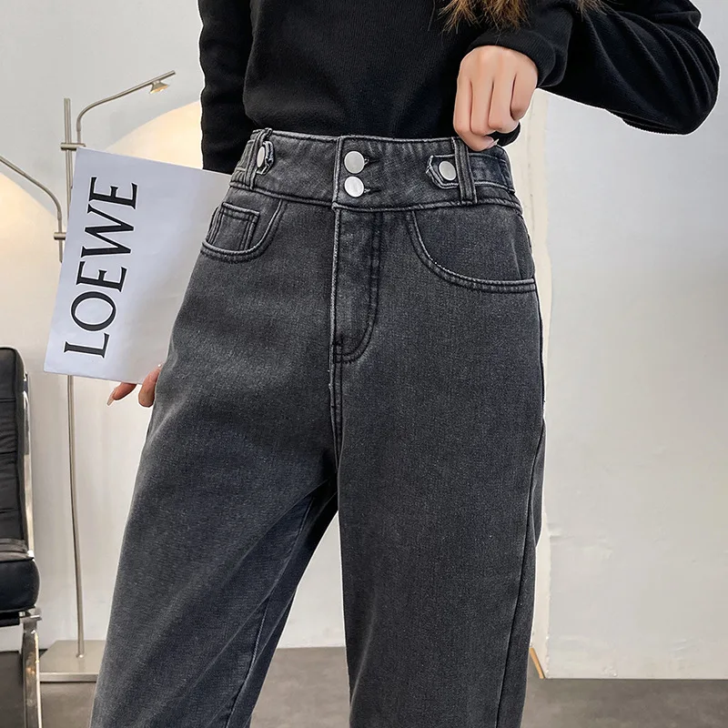 Winter Women\'s Warm Fleece Jeans High Waist Thick Straight Denim Harem Pants Plus Size Loose Trousers Lady High Waisted Jeans