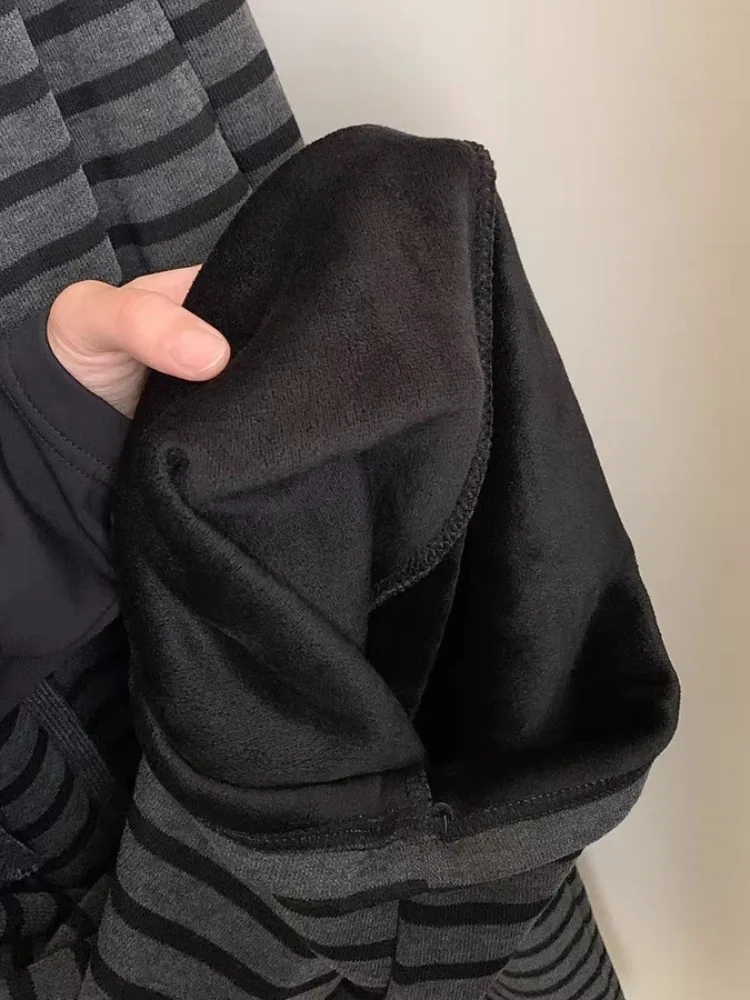 Thi Warm Faionable Striped Wide Leg Pants Women's High Waist Drapey Straight Cut Trousers plus Size Korean Sle Cuffed P...