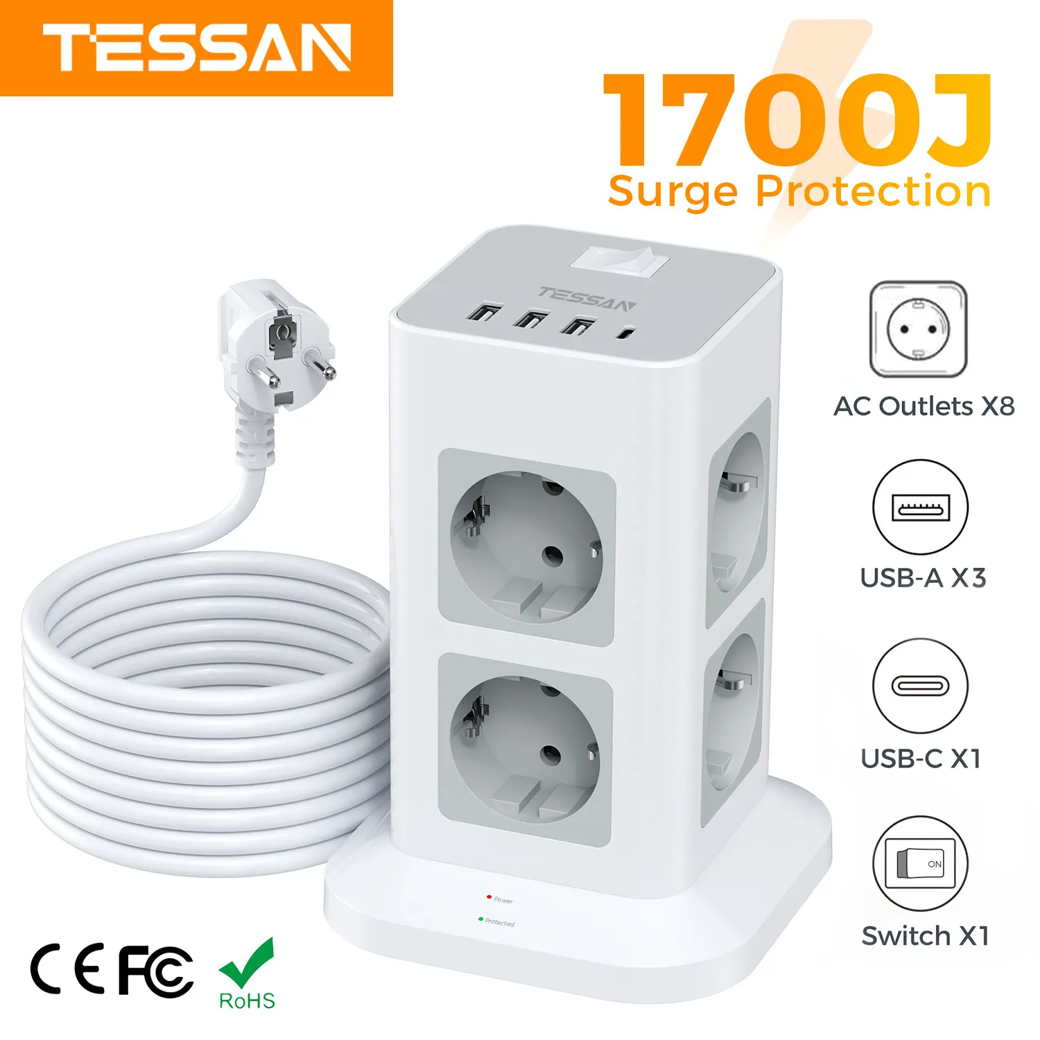 TESSAN Multiprise tour 8 voies avec ports USB A+1 Type C, câble d'extension 2M, prise UE, prise électrique verticale avec interrupteur