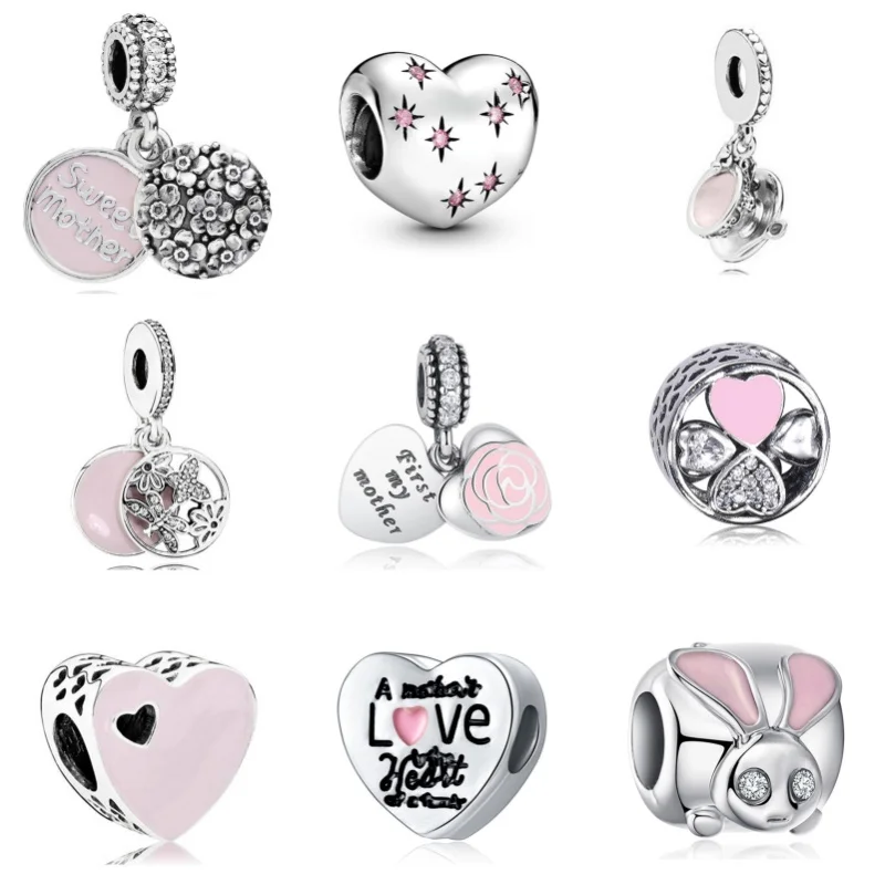 New Pink Series Heart Charms Beads Mom Bracelets Accessories Necklace Pendant Mother's Day Gift For Pandora DIY Jewelry Making