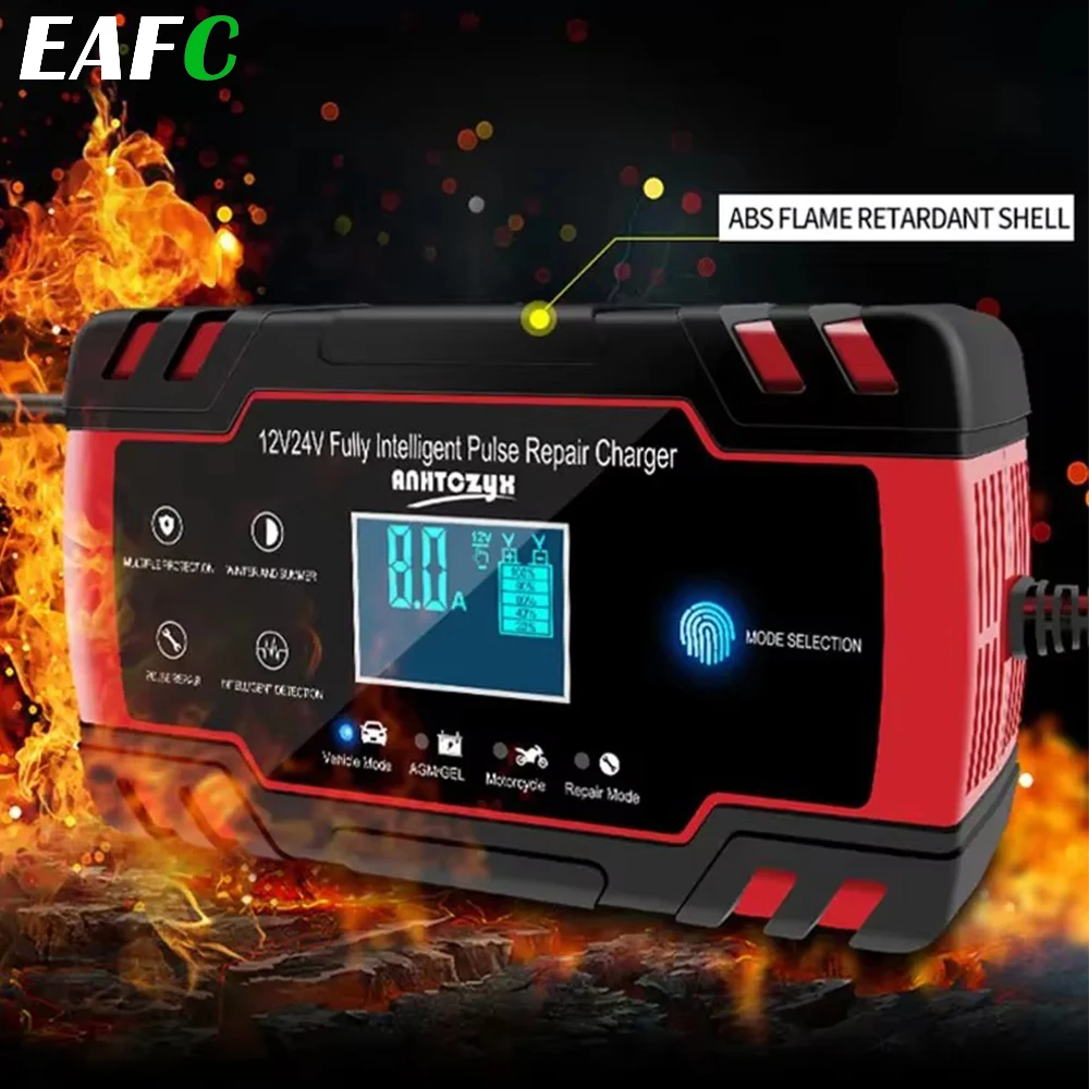 EAFC Car Battery Charger 12/24V 8A Touch Screen Pulse Repair Fast Power Charging Wet Dry Lead Acid Digital LCD Display