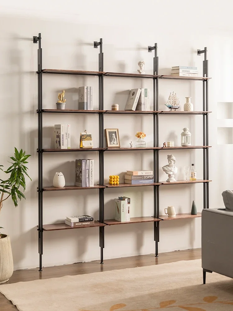 Modern solid wood living room wall display wrought iron storage multi-layer display rack office full wall bookcase