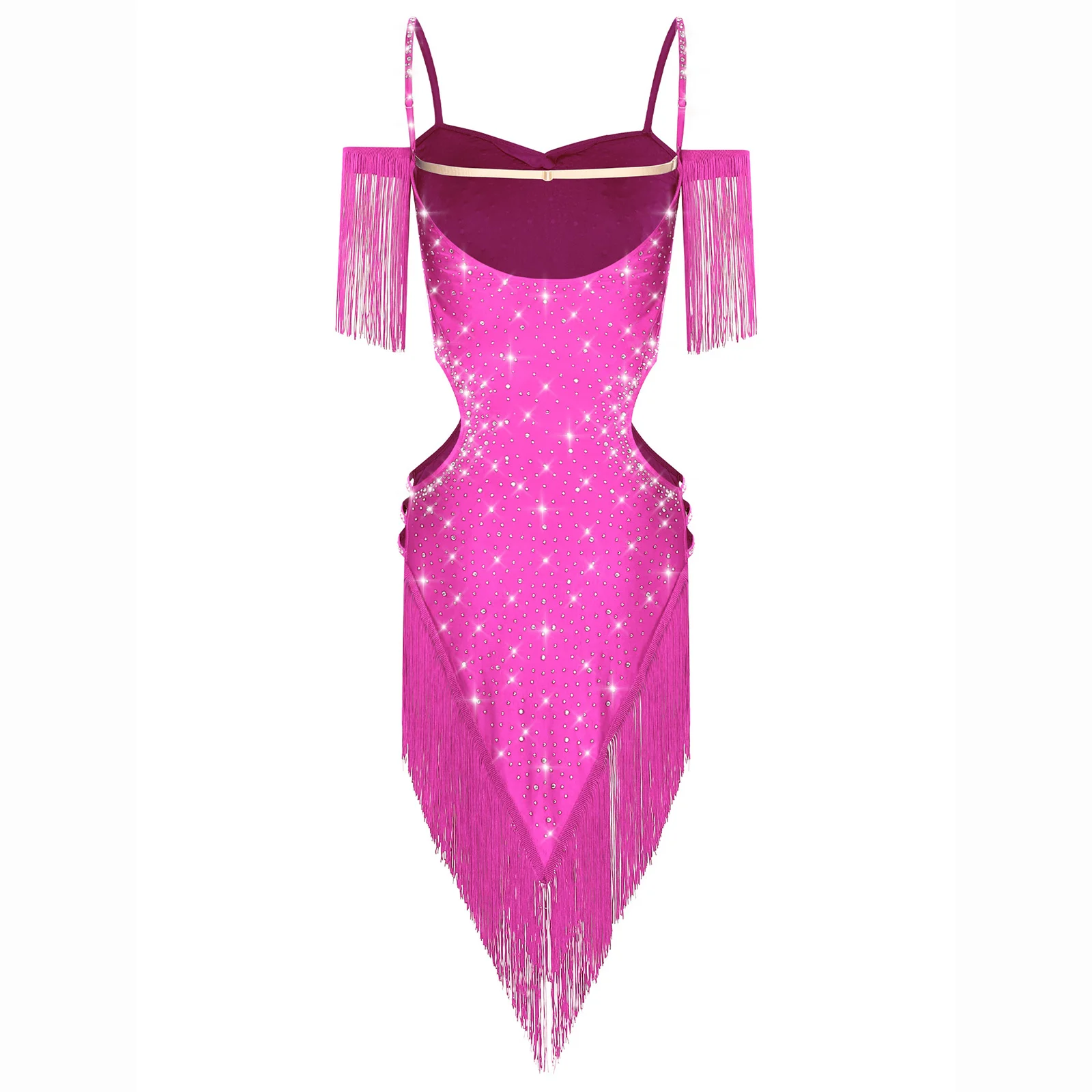 

Women Latin Cha-cha Dance Performance Costume Jazz Salsa Dancewear Cutout Backless Spaghetti Straps Fringe Rhinestones Dress