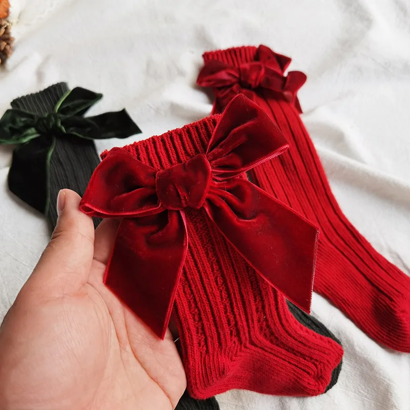 Winter Baby Christmas Red Socks Thick Knitted Girls Ankle Socks Big Bows Warm Cotton Children Infant Toddlers Socks For 0-5Years