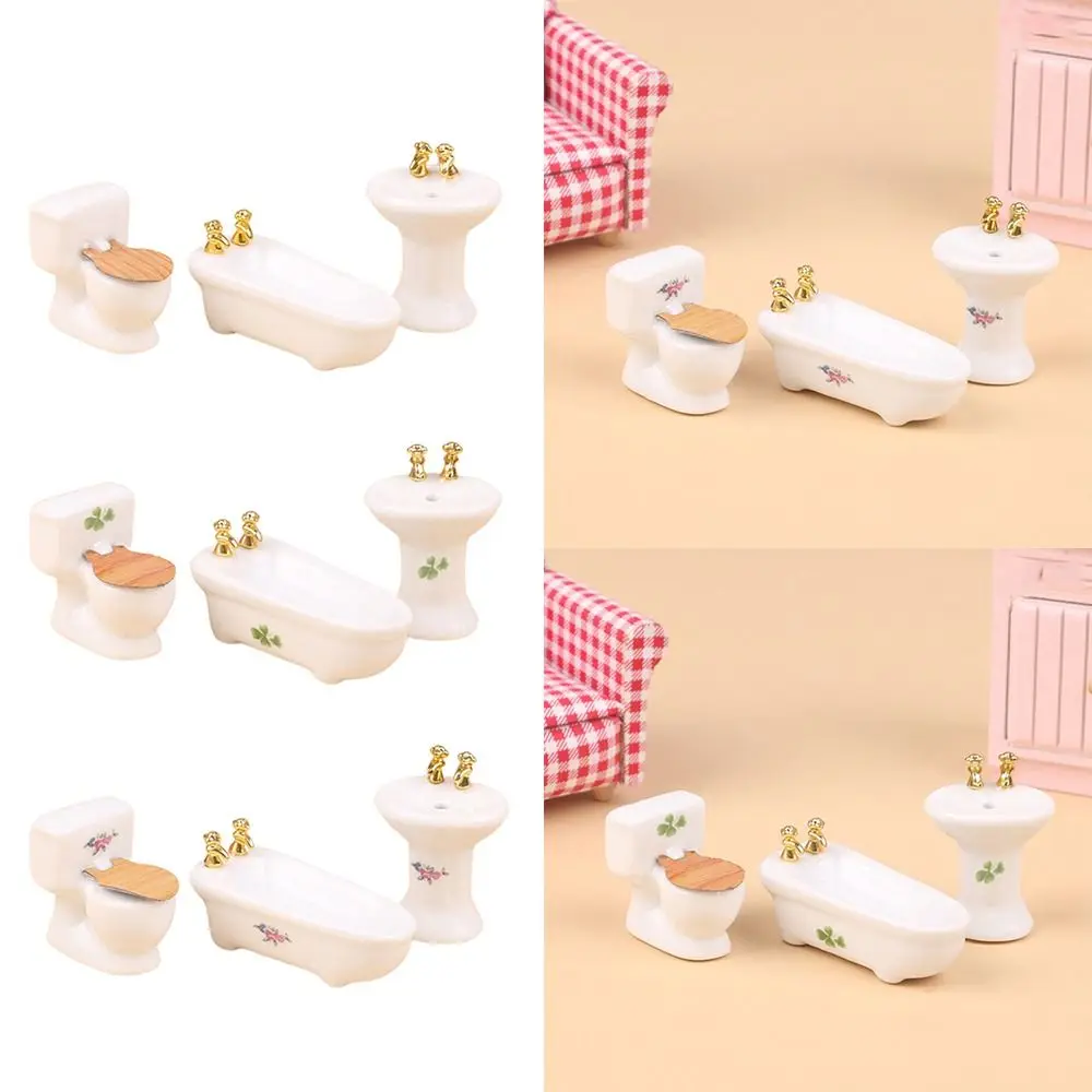 1:24 Scale Dollhouse Bathroom Model Toys Furniture Ceramics Mini Washbasin Bathtub Toilet Photo Props Decoration