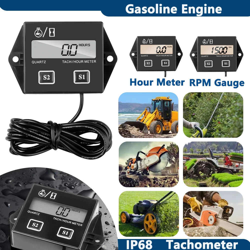 Waterproof Gasoline Engine RPM Speed Gauge Motorcycle Tachometer Working Hours Meter 2/4 Stroke Tach Hour Meter LCD Display