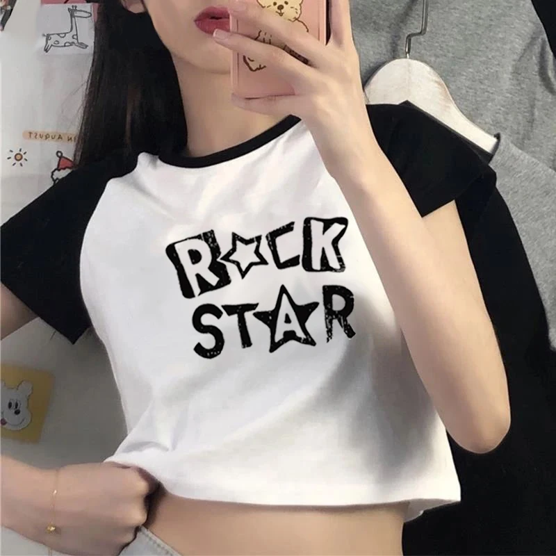 Rock Star Aesthetic Letter Print Women's Crop Tops American Retro Female Short T Shirt Streetwear Fashion Harajuku Y2K Baby Tee