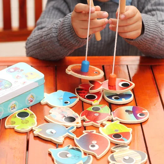 14 Fishes + 2 Fishing Rods Wooden Children Toys Fish Magnetic Pesca Play Game Tin Box Kids Educational Toy Boy girl