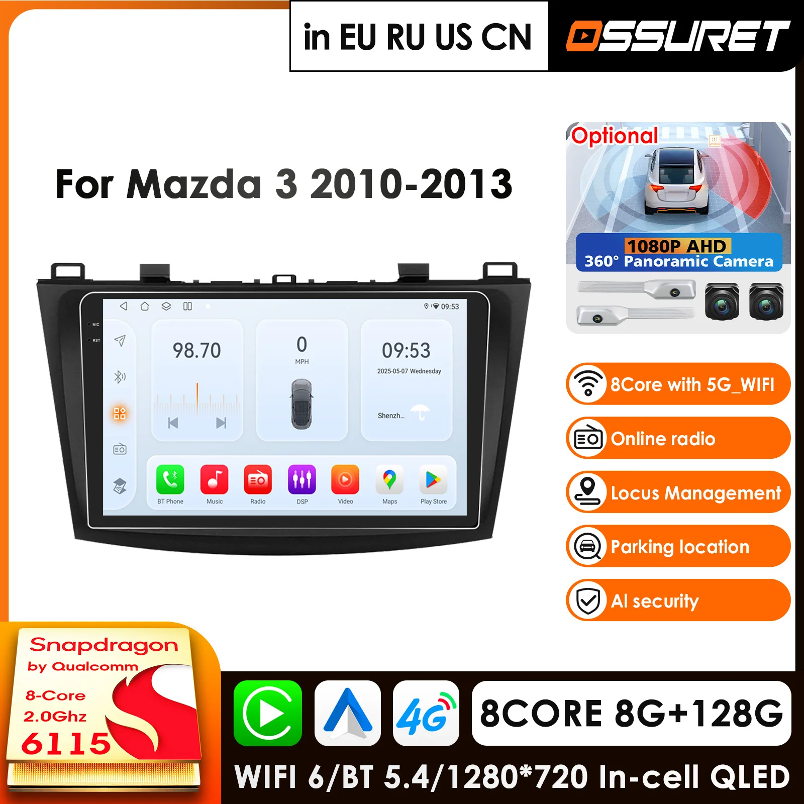 

9'' Screen Android14 Car Multimedia Player For Mazda 3 2010 2011 2012 2013 GPS Carplay 4G AI Intelligent Screen Autoradio 360Cam