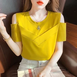 Fashion O-Neck Spliced Diamonds Off Shoulder T-Shirts Women Clothing 2024 Summer Loose Korean Solid Color Tops Casual Tee Shirt