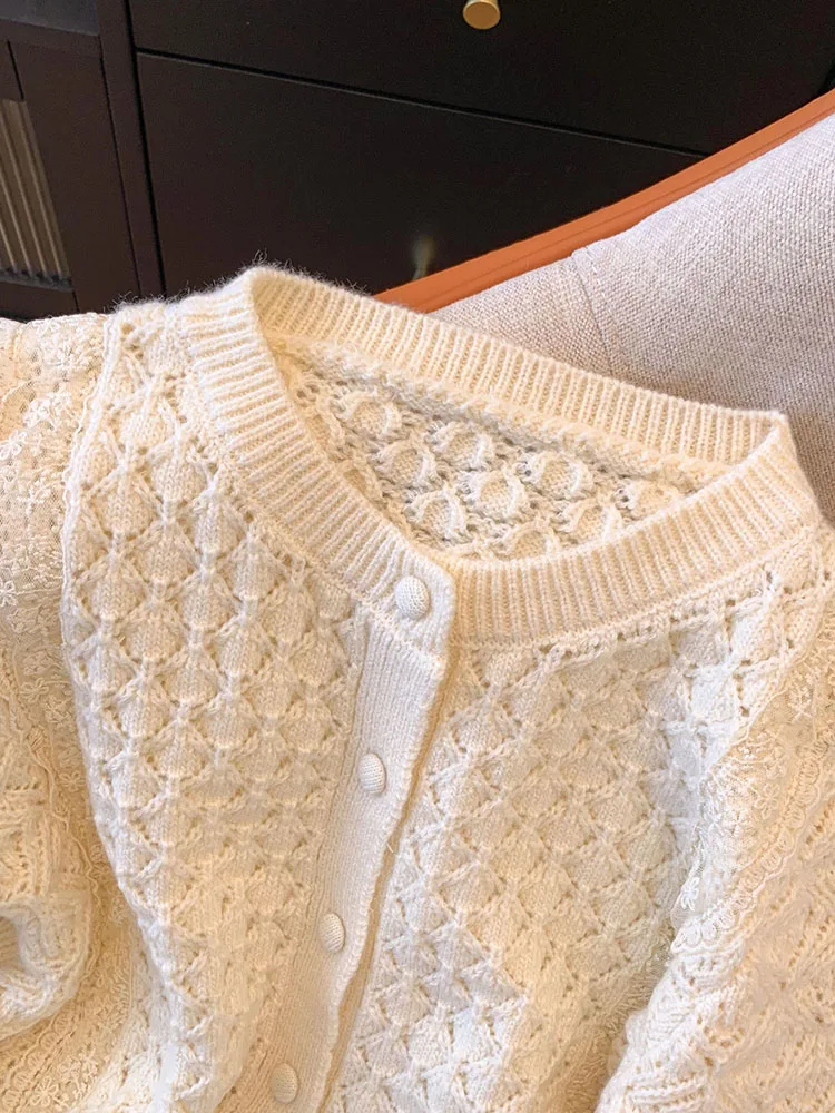 Beige Fashion O-Neck Patchwork Lace Sweater Women Sweet Long Sleeve Slim Cashmere Top Autumn 2024 Sexy Tide Hollow Out Pullover