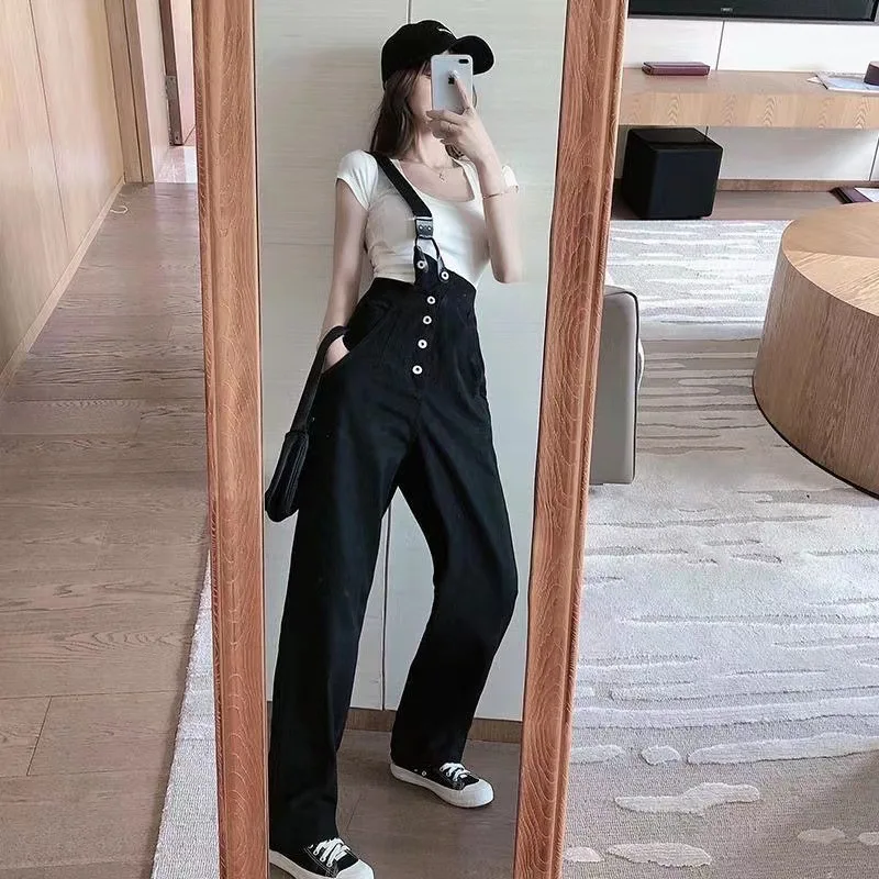 Versione coreana di bretelle in denim a vita alta e pantaloni lunghi per le donne Primavera ed estate Nuovi studenti Vestibilità ampia All-in-one