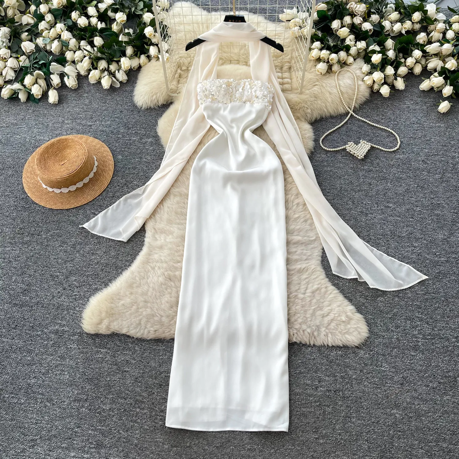 Elegant Off Shoulder Satin Sequin Sash Dress Women Strapless Slim Fit Bodycon Maxi Evening Gown