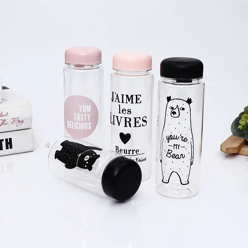 Cute compact water bottle cartoon portable plastic water cup printed fashionable black white bear insulated women water bottles