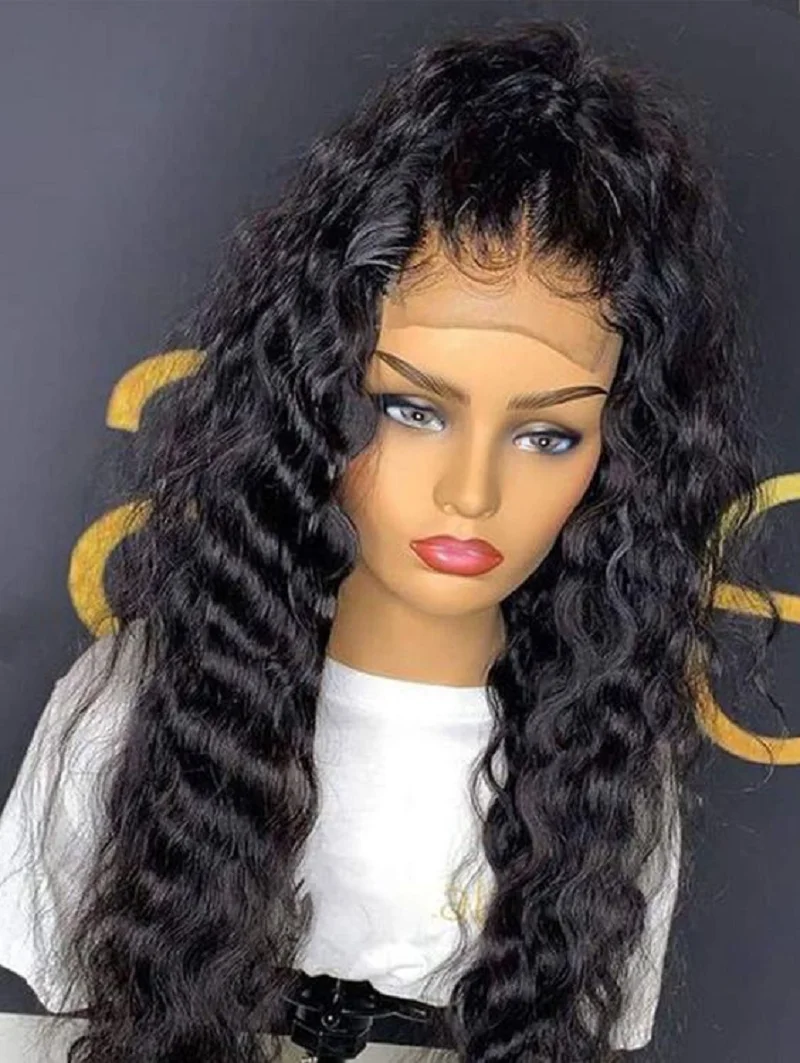 Perruque Lace Front Wig bouclée noire sans colle, 26 pouces, cheveux de bébé, pre-plucked, densité 180%, deep wave, pour femmes noires, 03/Cosplay