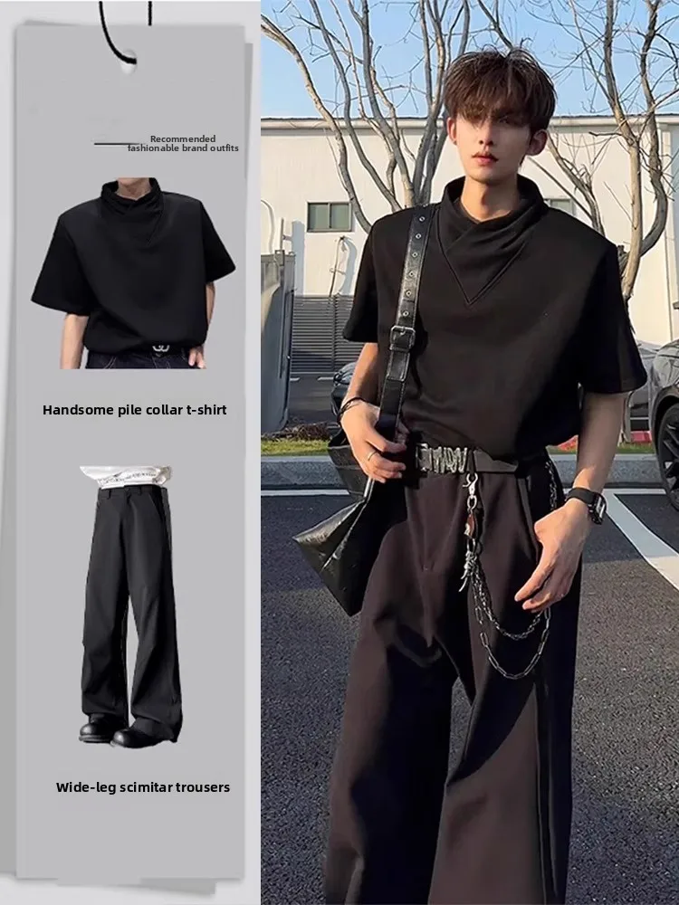 

American Sle Sta ort Sve T-irt Men's High Collar Drape Wide Leg Knife West Pants Summer Haome Faion Set Two P...