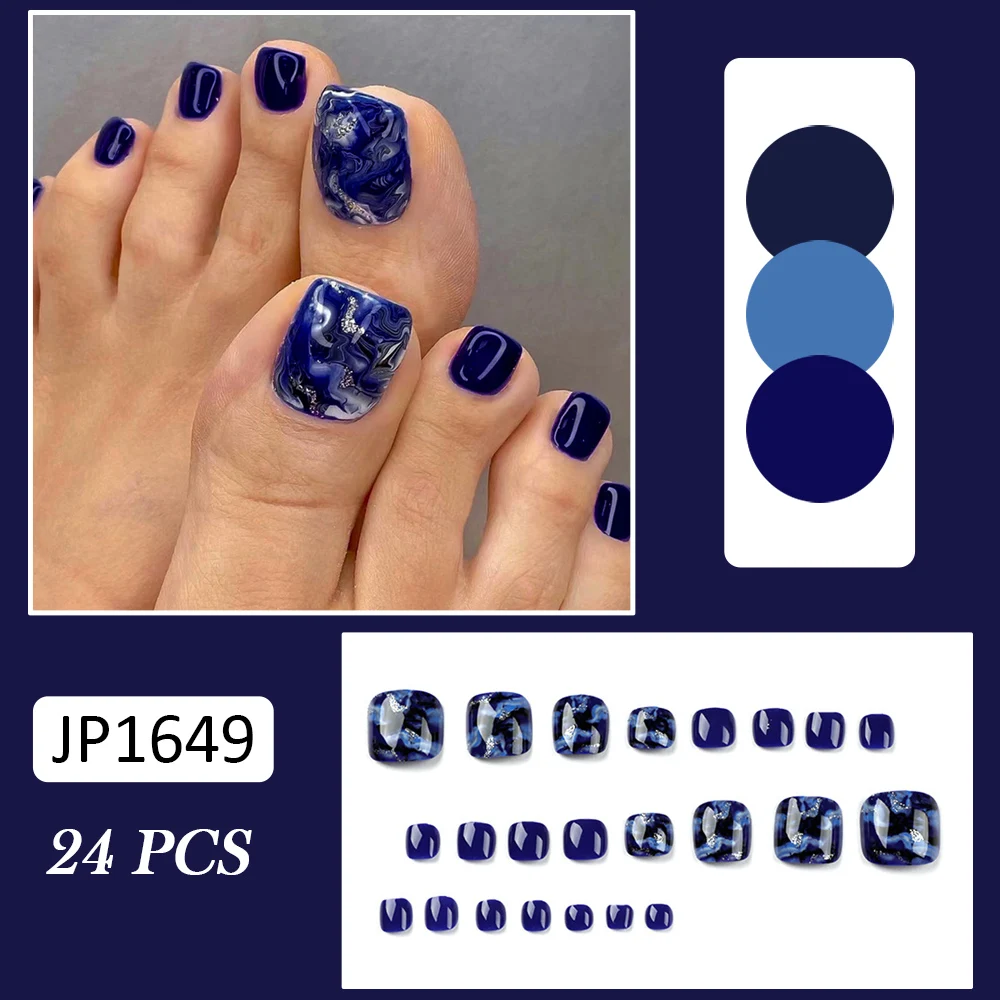 24pcs Glossy Blue False Toenails Sparkling Short Fake Nails Press On Nails Glitter French Style Artificial Nails With Adhesive