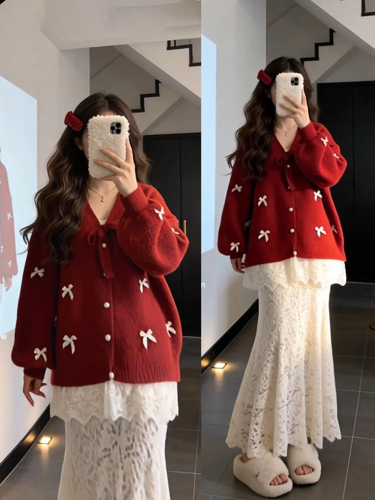 

Зимний модный комплект больших размеров: красный вязаный кардиган и кружевная юбка. Новогодний праздничный наряд. Повседневный элегантный комплект.