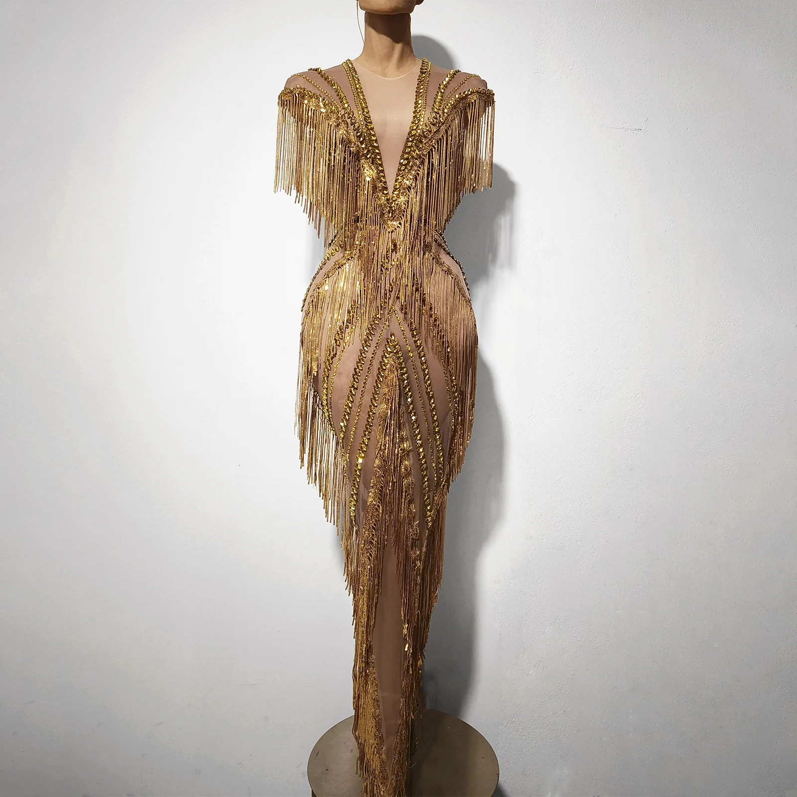 

ShowGirl sparkle goldsliver tassel dress women crystal club party birthday wedding stage performance stage dance festival singer