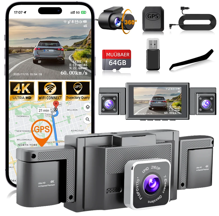 

4K 360° ° 4-канальная видеорегистратор с Wi-Fi GPS 5,8 ГГц | 3-дюймовый IPS-экран, ночное видение, циклическая запись | Карта 64 ГБ в комплекте, автомобильный аксессуар