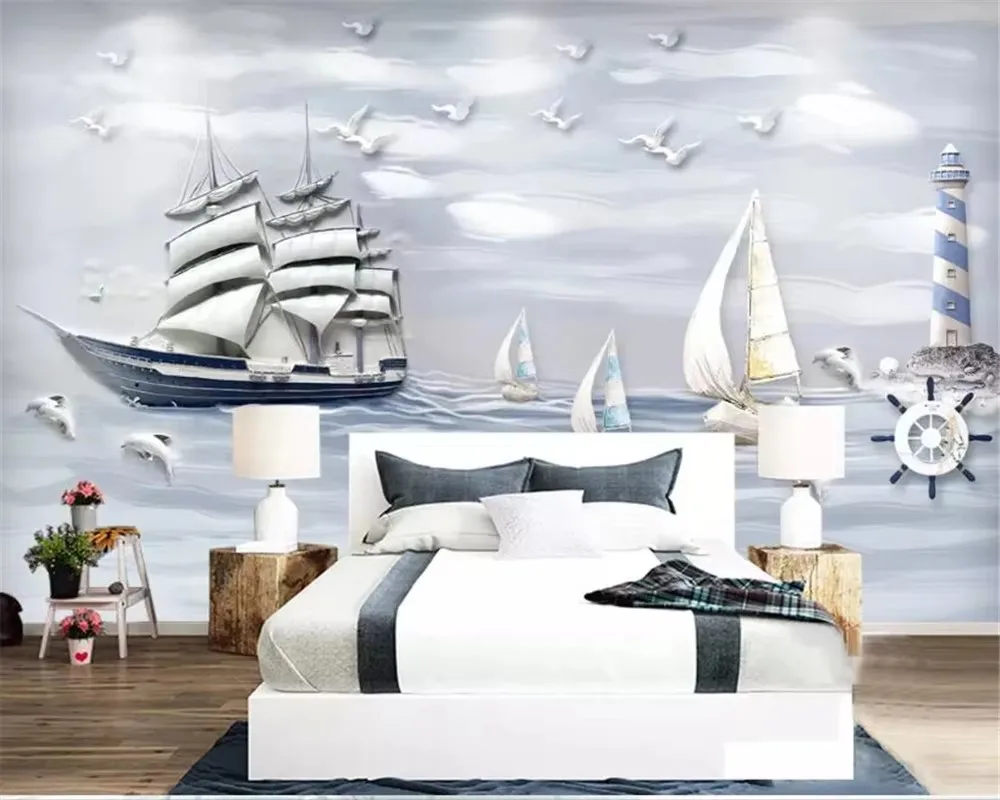 

Custom 3d wallpaper wall stickers sailboat Dolphin seagull lighthouse bedroom background wall 3D wallpaper papel de parede