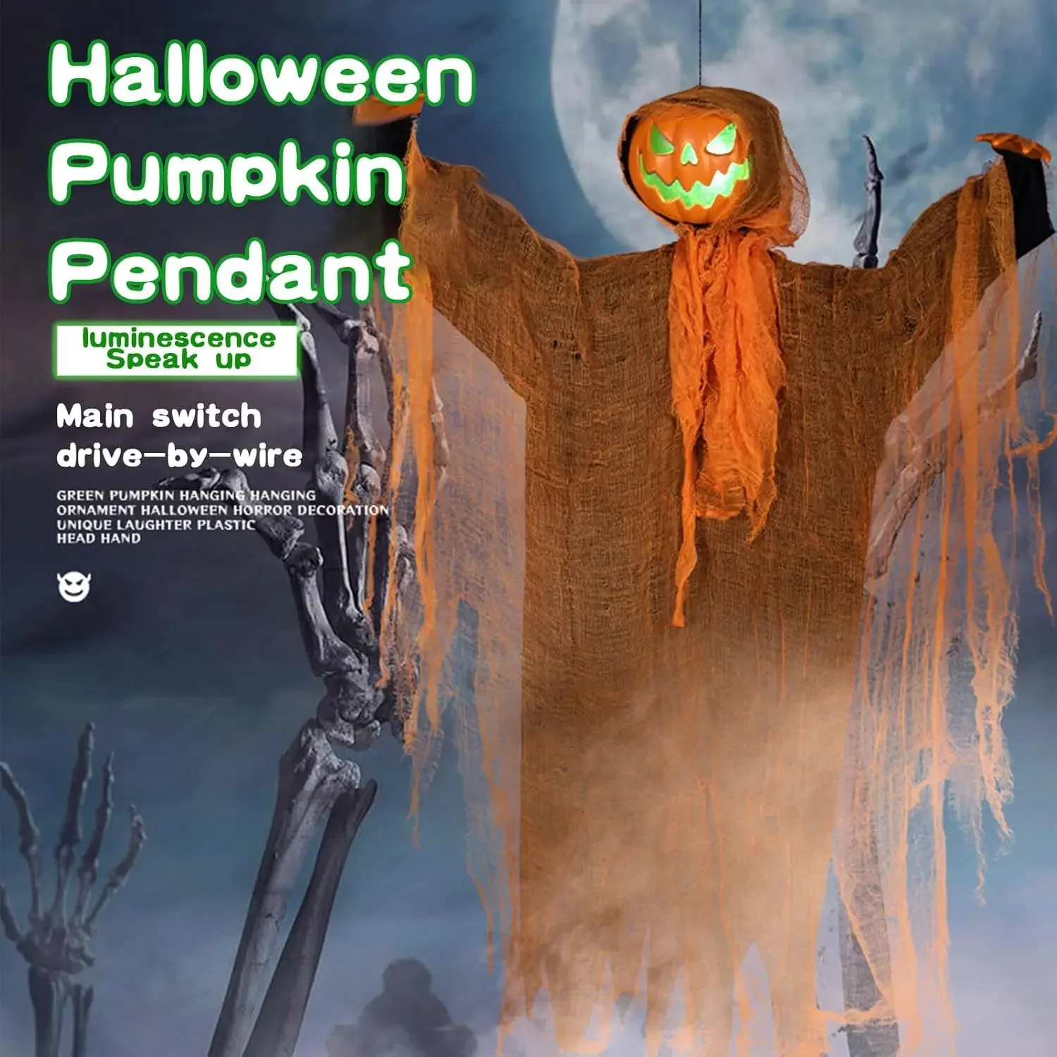 Halloween Decoration Ghost Pumpkin Party Decoration Hanging Head Green Light Rotating Head Pumpkin Glow Sound Hanging