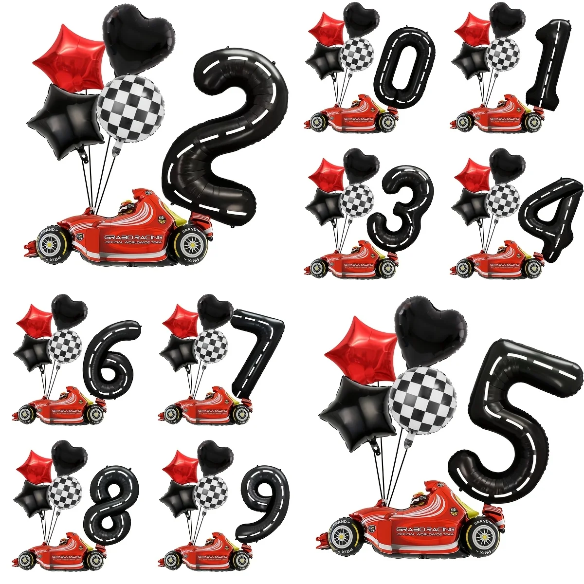 Race Car Number Balloon Set, 40 Inch 0-9 Racing Track Number Foil Balloons with Red Race Car Checkered Flag Balloons for Boys Ki