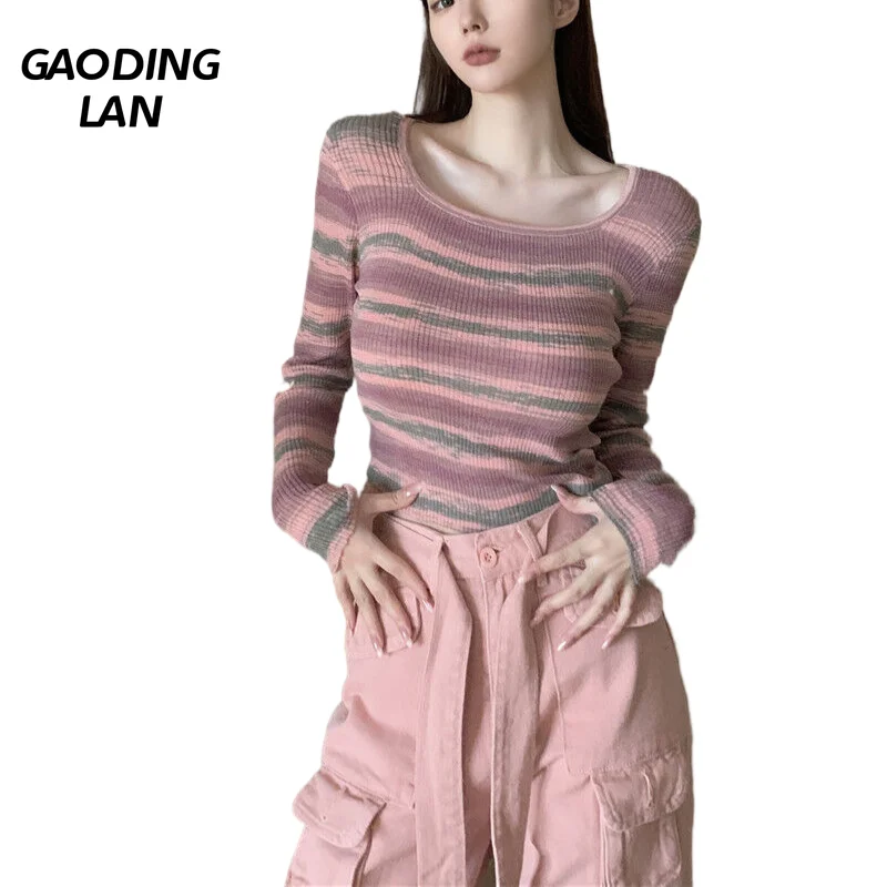 GAODINGLAN Spring Autumn Long Sleeve Pink Knitted T-shirts Women Slim Tight Sexy Cropped Tops Y2k Stripe Short Bottom Knitwear