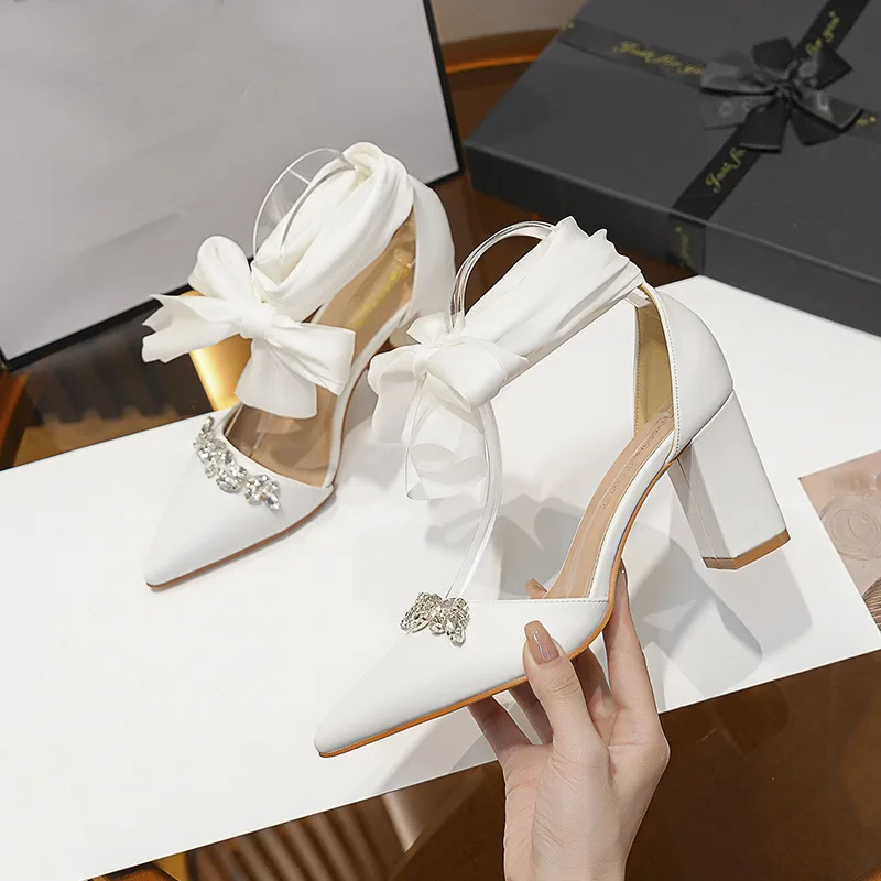 Chunky Heel Pointed Toe Hollow Out Rhinestone Bow Strap Wedding Bridal Party Shoes