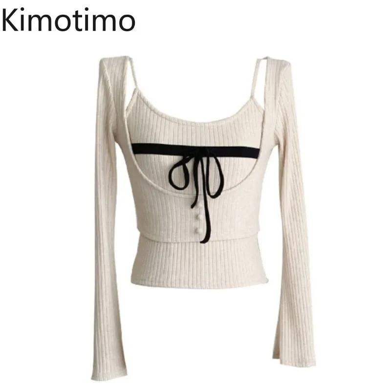 Kimotimo Women 2 Piece Set Autumn Sweet Bow Tie Camis Vest Long Sleeve Overlap Slim Fit T-shirt Y2k Aesthetic Crop Top Outfit