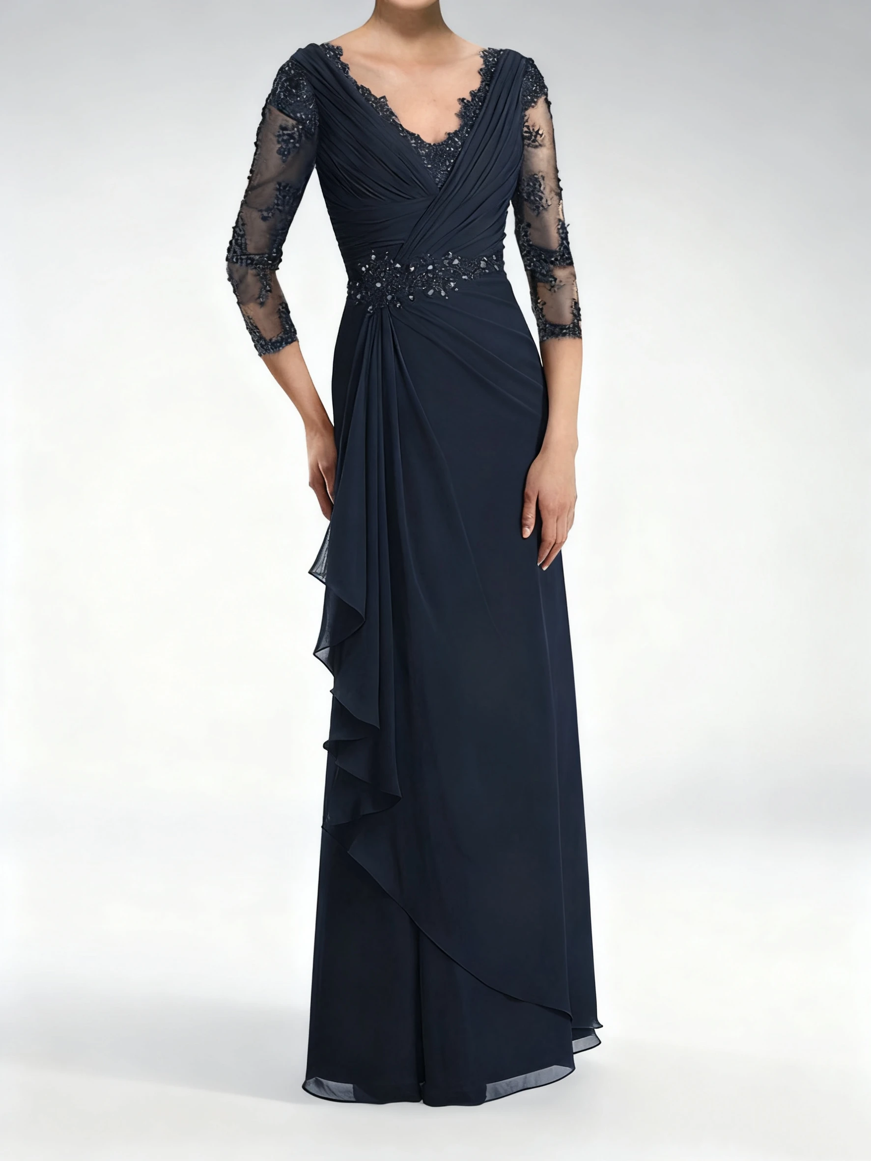 

Mother of The Bride Dresses Long Evening Formal Dress for Wedding Guest Groom Lace Applique Beaded 3/4 Sleeve Ruffles