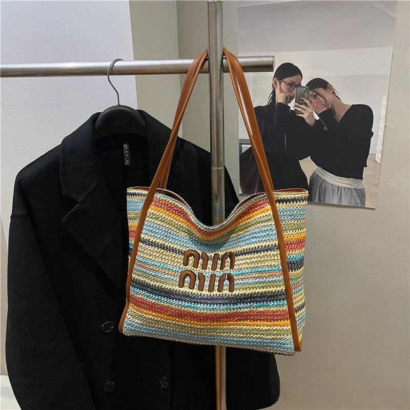 

2025 Summer Raffia Tote Bag for Women Spacious Beach Shoulder Purse Adjustable Crossbody Strap Vacation Essential