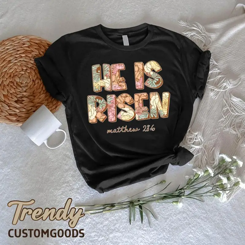 

He is Risen Easter T Shirt Christian Women Bible Verse Matthew 28 6 for Scripture Floral Religious Outfit