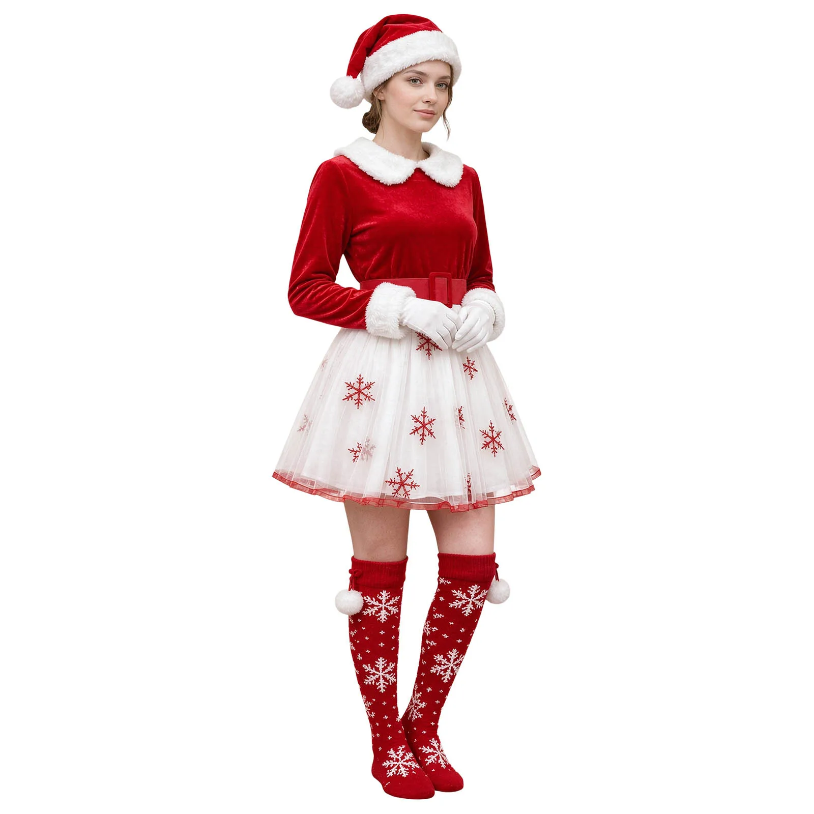 Conjunto de hada navideña para mujer, vestido de tul con copas de nieve y corpiño de terciopelo de manga larga, con gorro de Papá Noel para espectáculos y actuaciones en escena durante las fiestas.