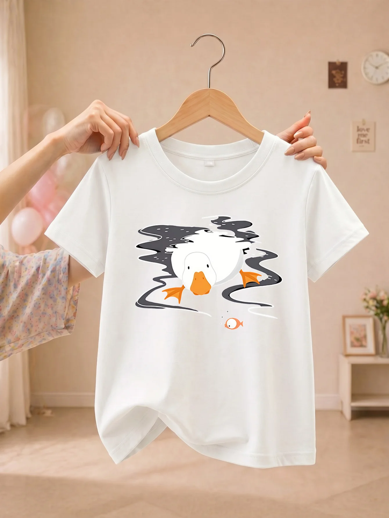 Boys Girls Family Matching Tee Cartoon Duck Swimming With Fish Art Print Short Sleeve Soft Cotton Kids Daily Casual Outfit