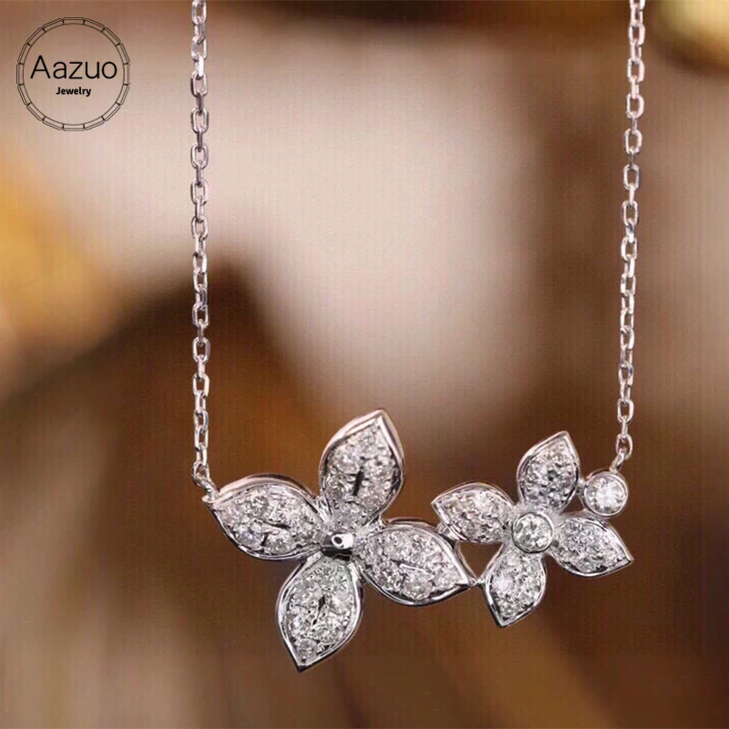 Aazuo 18K Pure White Gold Real Diamonds 4 Leafs Flowers Pendent With Chain Necklace Gifted For Women Engagement Wedding Party