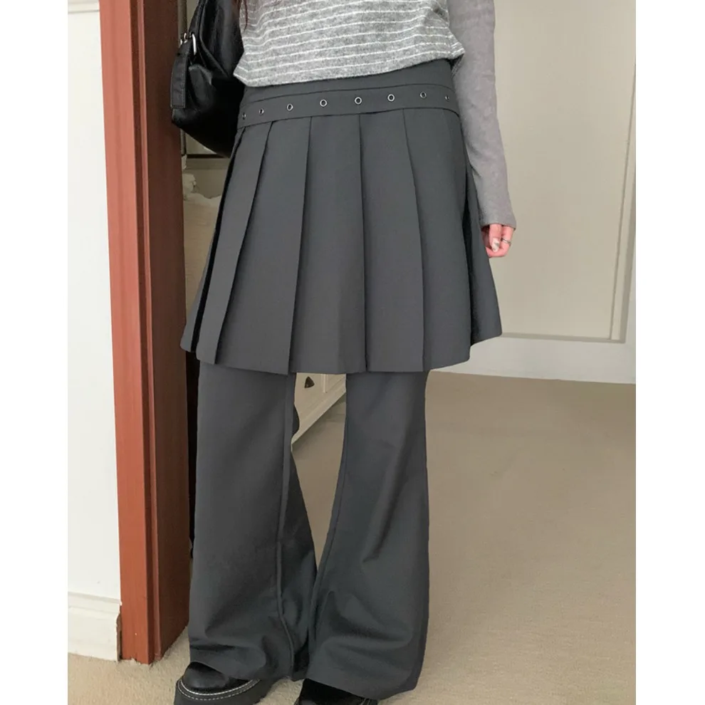 Sweet Cool Style Pleated Skirt Fake Two-Piece Micro Flared Pants Long Trousers Metal Buckle Casual Pants for Women