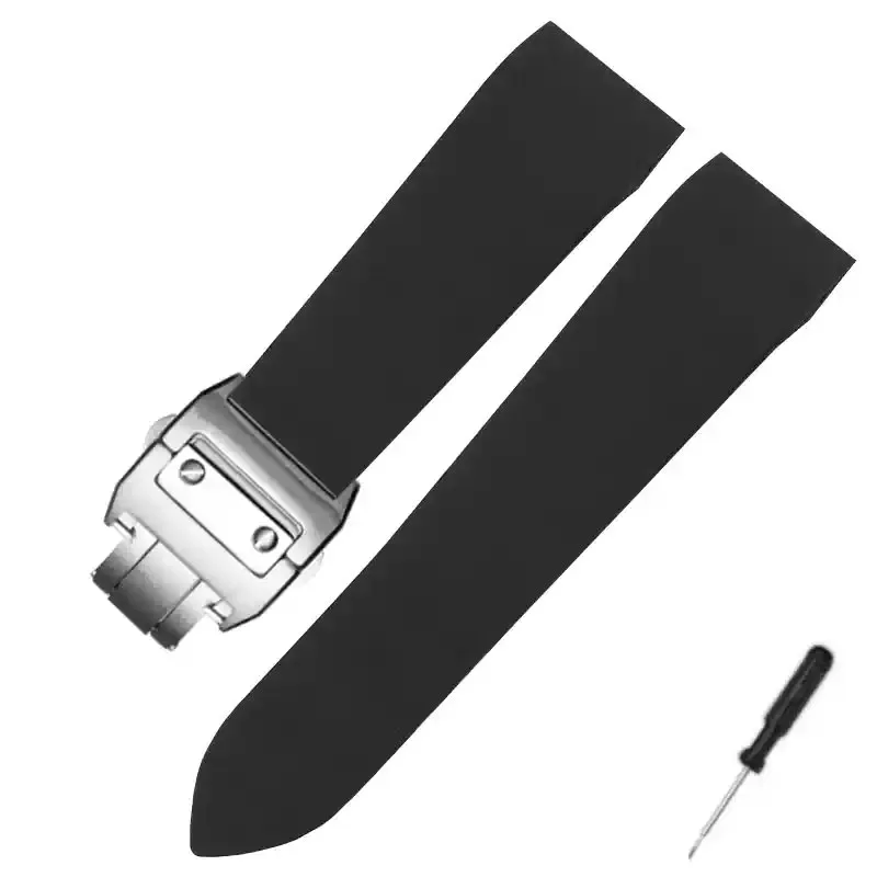 For Cartier Santos 100 W2020007 Waterproof Rubber Watch strap 25mm black soft Silicone Stainless steel watch buckle Watchband