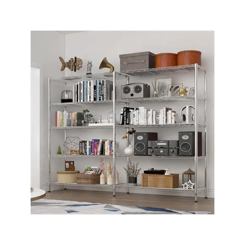 

5-Layer Double Row Display Stand, Adjustable Layer Spacing & Feet, Iron Construction, Chrome-Plated, 177 x 40 x 180cm