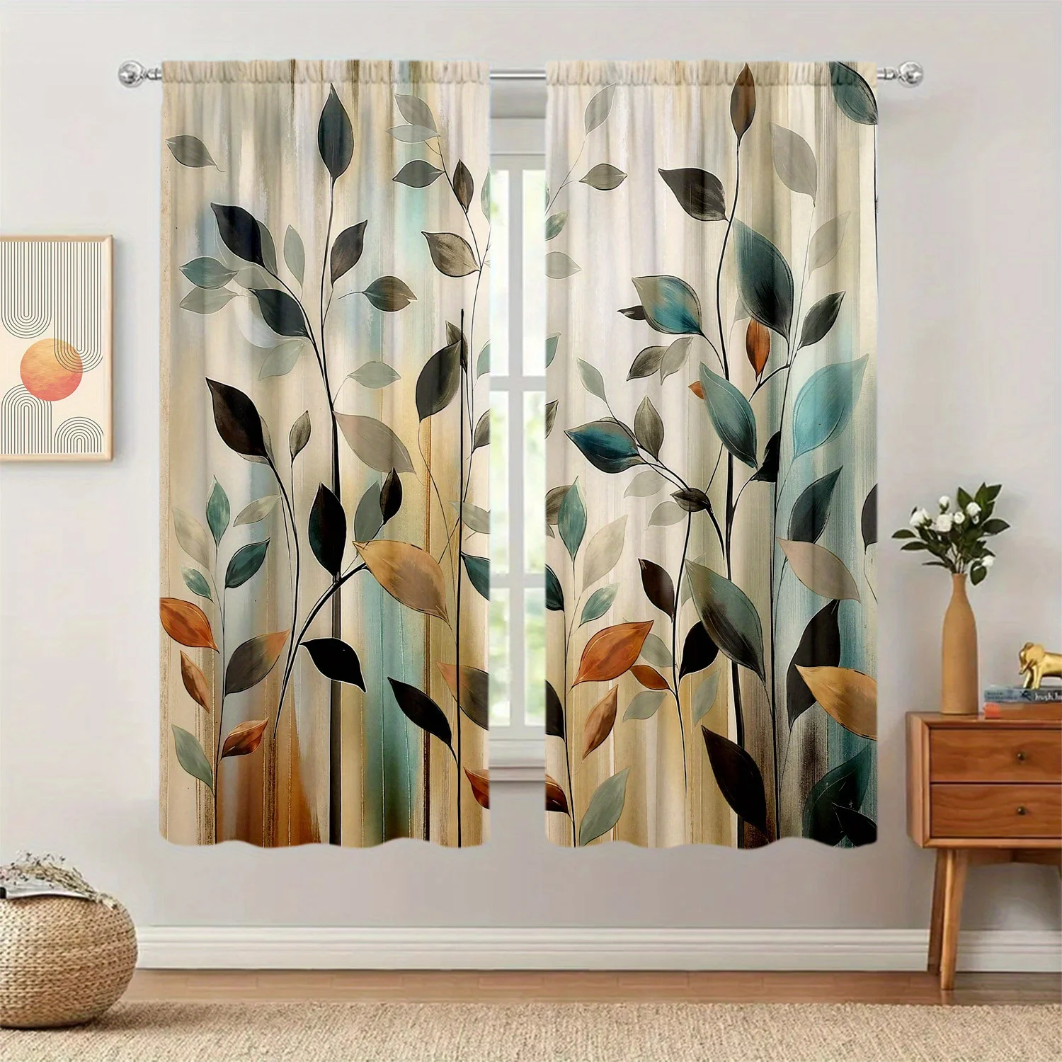 2 Panels Abstract Leaf Print Curtains, Modern Art Polyester Drapes, Nature Inspired Window Decor for Living Room