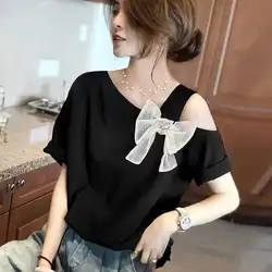 Women Summer Simplicity Loose Large Size Appear Thin Bow Off Shoulder Slash Neck Short Sleeve T-Shirt Ladies Casual Trend Tops