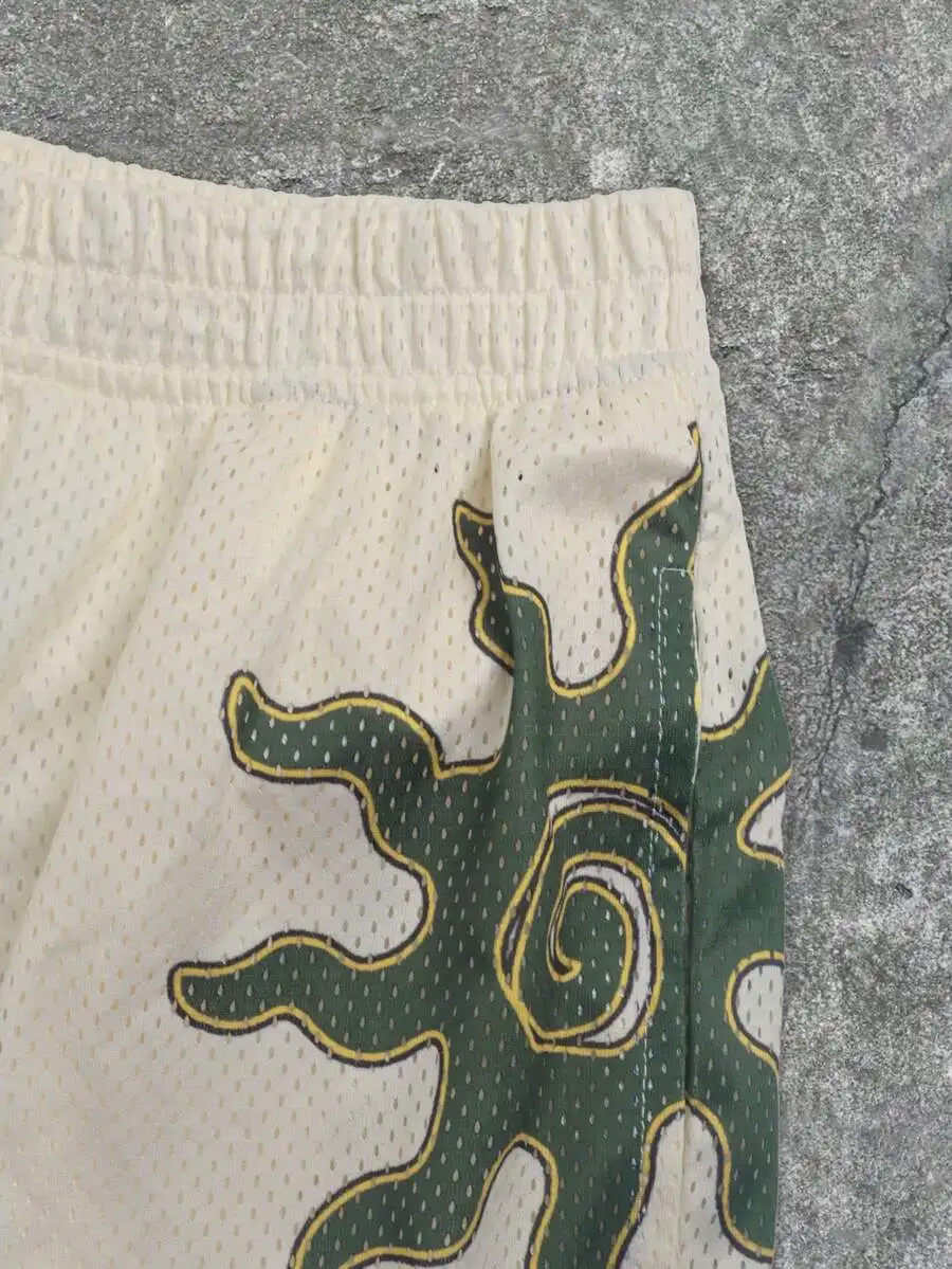 

Mens Breathable Mesh Shorts With Green Abstract Swirl Pattern For Warm Weather