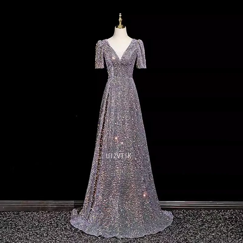 

Shiny Sequin V-Neck Prom Dress New Style Banquet French Lace Up Annual Meeting Host Dress Costume Women Long Party Evening Gown