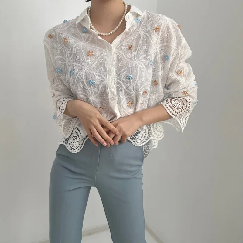 Neploe 2025 Autumn Sweet Gentle Temperament Blouses Femme Three-Dimensional Flower Hem Hollow Lace Embroidery Splicing Shirt