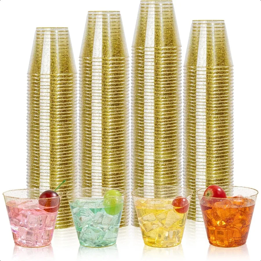 

5oz 100 Pack Gold Glitter Plastic Cups Glitter Small Plastic Cups Plastic Clear Cups with Gold Glitter Shot Glasses Plastic Sm
