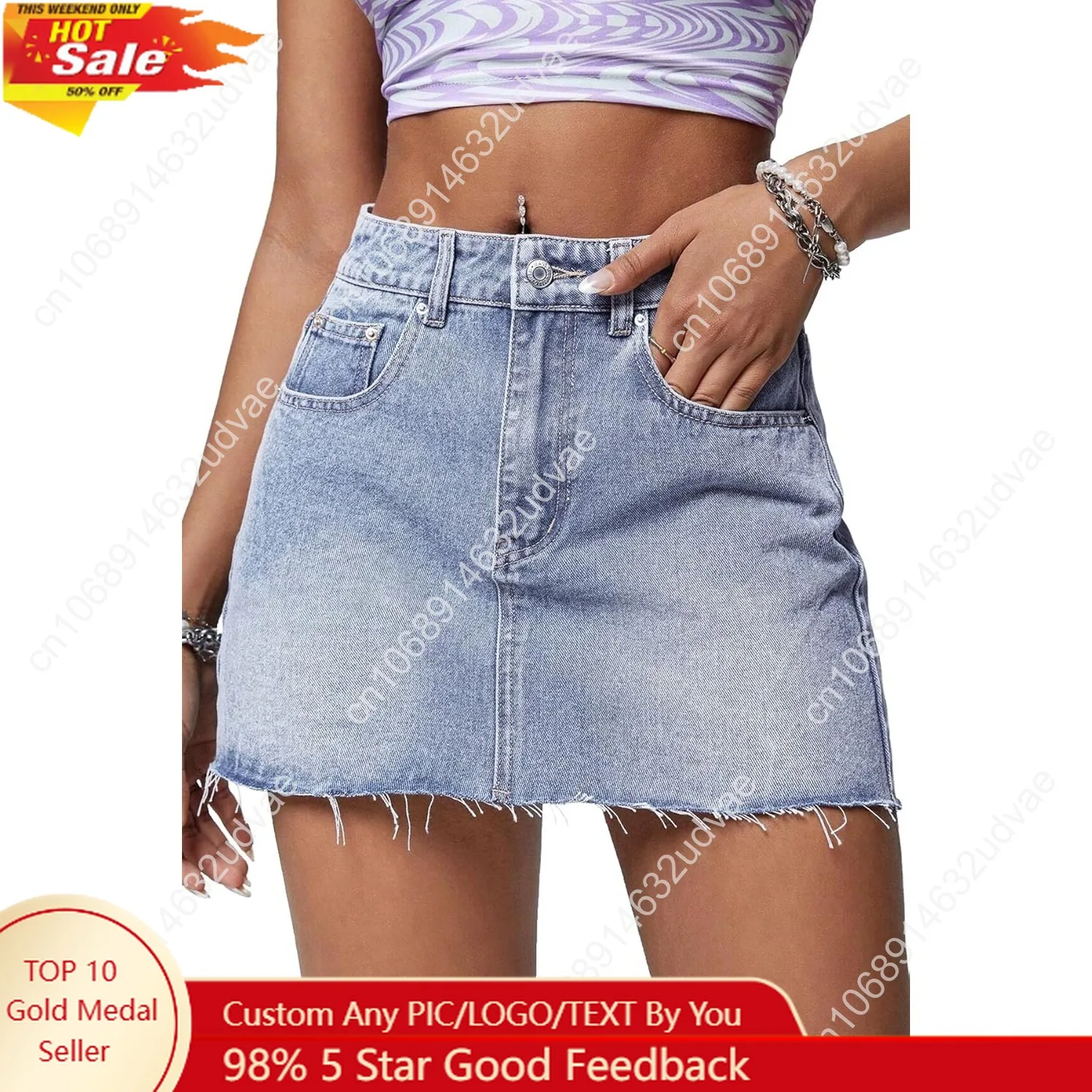 

Denim Skirt Women Mini Low Waist Stretchy Raw Hem Jean Skirt with Pockets