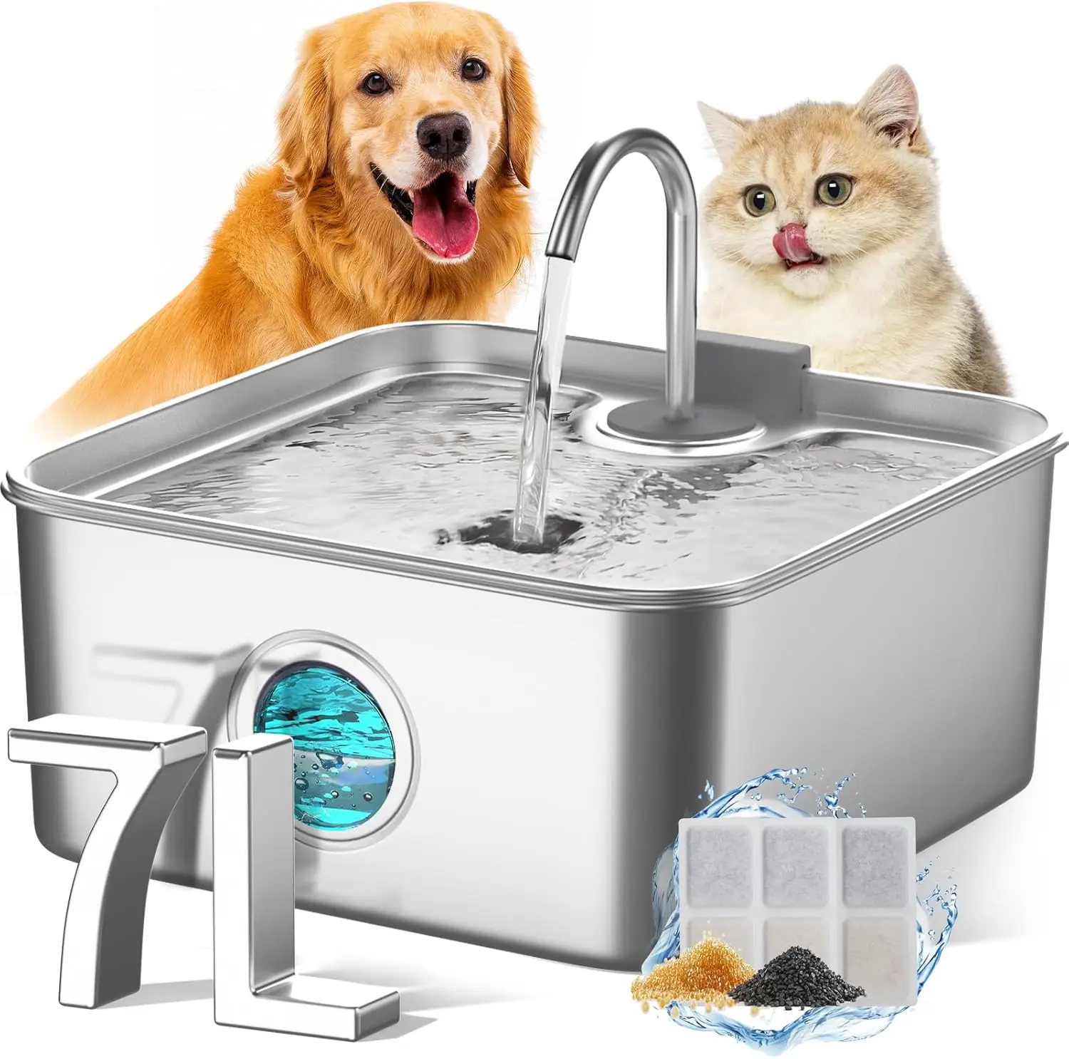 

Большой фонтан-поилка для животных из нержавеющей стали, 7 л (1,8 гал), ультратихий автоматический диспенсер для воды, 4-ступенчатая фильтрация для домохозяйств с несколькими питомцами