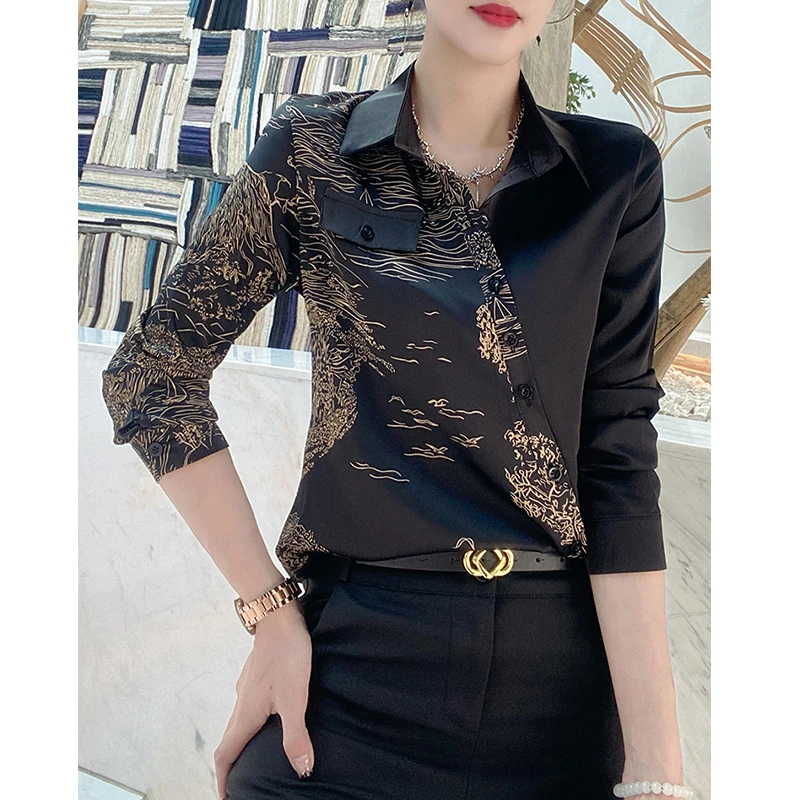 

2024 New Fall Winter European Clothes Shirts Office Lady Blouses Sexy Irregular Button Print Satin Women Long Sleeve Tops 311135