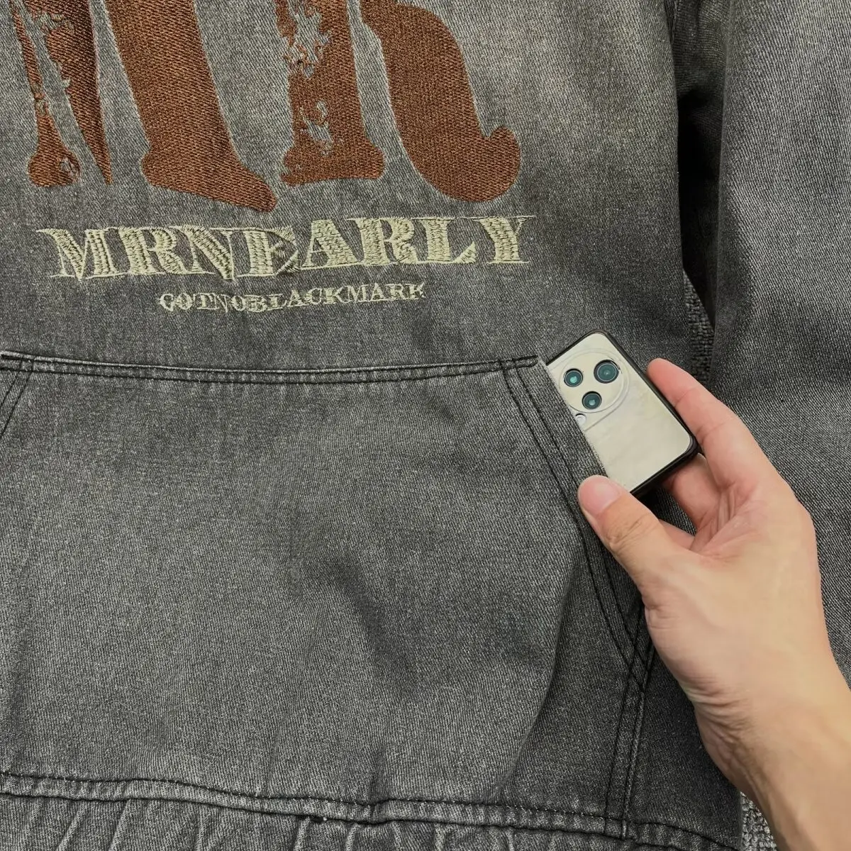 Brief Stickerei Denim Hoodie Für Männer Amerikanische Mode Lose Mit Kapuze Tops Herbst Casual High Street Retro Oversize Sweatshirt