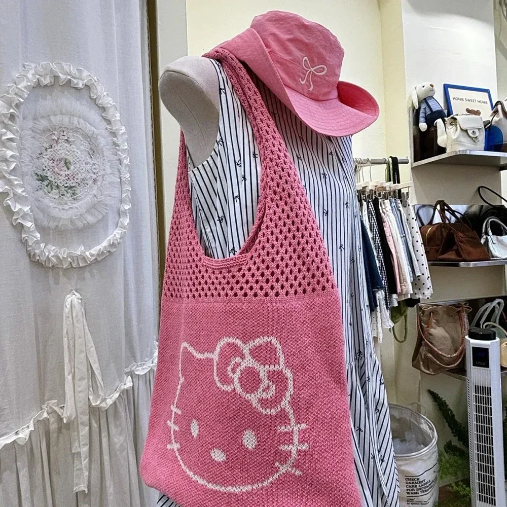 2024  Hello Kitty Knitted Shoulder Bag Anime Kawaii Black Pink Underarm Bag Cute Cartoon Embroidered Mesh Bag for Girls